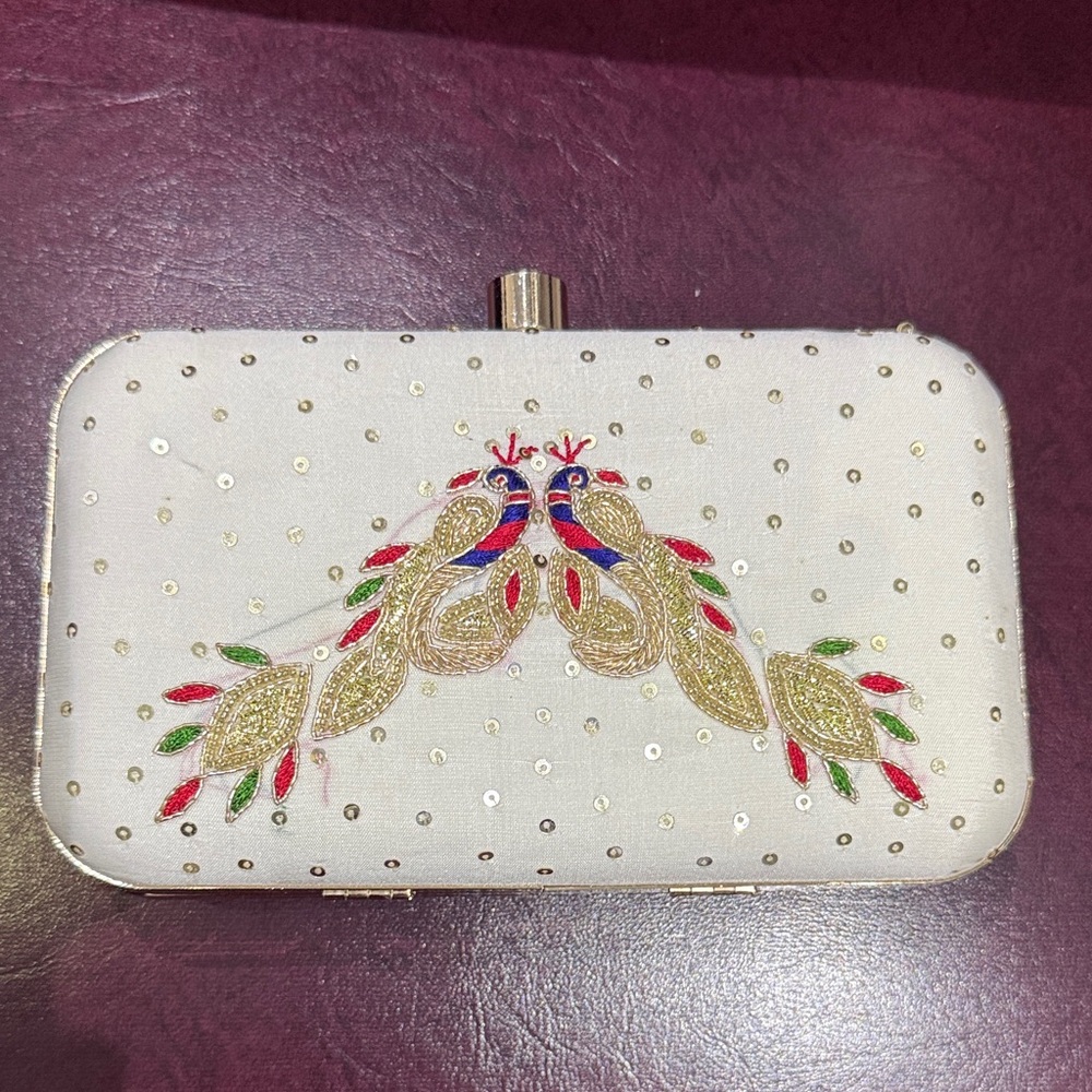 White Clutch with Embroidered Peacocks